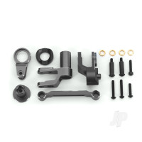 Steering bellcranks, drag link (Grey-anodised 6061-T6 aluminium) / bellcrank bushing (1) / 3x20mm BCS (with threadlock) (2) / 3x20mm BCS (with threadlock) (2) / 3x20mm shoulder screws (with threadlock) (2) / 3x15mm BCS (with threadlock) (1) / 3x15mm CS (with threadlock)