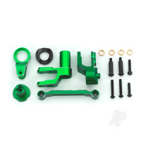 Steering bellcranks, drag link (Green-anodised 6061-T6 aluminium) / bellcrank bushing (1) / 3x20mm BCS (with threadlock) (2) / 3x20mm BCS (with threadlock) (2) / 3x20mm shoulder screws (with threadlock) (2) / 3x15mm BCS (with threadlock) (1) / 3x15mm CS (with threadlock)