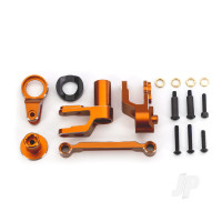 Steering bellcranks, drag link (Orange-anodised 6061-T6 aluminium) / bellcrank bushing (1) / 3x20mm BCS (with threadlock) (2) / 3x20mm BCS (with threadlock) (2) / 3x20mm shoulder screws (with threadlock) (2) / 3x15mm BCS (with threadlock) (1) / 3x15mm CS (with threadlock)