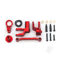 Steering bellcranks, drag link (Red-anodised 6061-T6 aluminium) / bellcrank bushing (1) / 3x20mm BCS (with threadlock) (2) / 3x20mm BCS (with threadlock) (2) / 3x20mm shoulder screws (with threadlock) (2) / 3x15mm BCS (with threadlock) (1) / 3x15mm CS (with threadlock)