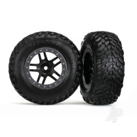 Tyre & wheel assembled, glued (S1 compound) (SCT Split-Spoke black, satin chrome beadlock style wheel (dual profile 2.2" outer 3.0" inner), SCT off-road Tyres, foam inserts) (2) (4WD f/r, 2WD rear) (TSM rated)