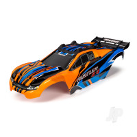 Body, Rustler 4X4, Orange & Blue / window, grille, lights decal sheet (assembled with front & rear body mounts and rear body support for clipless mounting)