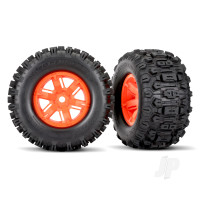 Wheels & Tyres, Assembled, Glued (X-Maxx Orange wheels, Sledgehammer Tyres, foam inserts) (left & right) (2 pcs)