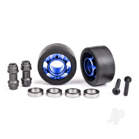 Wheels, wheelie bar, 6061-T6 aluminium (Blue-anodised) (2) / axle, wheelie bar, 6061-T6 aluminium (2) / 10x15x4 ball bearings (4)