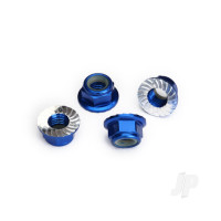 Nuts, 5mm flanged nylon locking (Aluminium, Blue-anodised, serrated) (4 pcs)