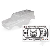 Body, Ford Bronco (2021) (Clear, requires painting) / decals / window masks (includes grille, side mirrors, door handles, fender flares, windshield wipers, spare tyre mount, clipless mounting, hardware) (requires #8080X inner fenders)