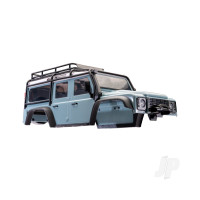 Body, Land Rover Defender, complete, Light Blue (includes grille, side mirrors, door handles, fender flares, windshield wipers, spare Tyre mount, & clipless mounting)