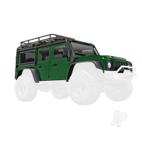 Body, Land Rover Defender, complete, Green (includes grille, side mirrors, door handles, fender flares, windshield wipers, spare Tyre mount, & clipless mounting)