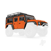 Body, Land Rover Defender, complete, Orange (includes grille, side mirrors, door handles, fender flares, fuel canisters, jack, spare Tyre mount, & clipless mounting) (requires #9734 front & rear bumpers)