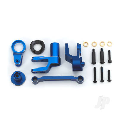 Steering bellcranks, drag link (Blue-anodised 6061-T6 aluminium) / bellcrank bushing (1) / 3x20mm BCS (with threadlock) (2) / 3x20mm BCS (with threadlock) (2) / 3x20mm shoulder screws (with threadlock) (2) / 3x15mm BCS (with threadlock) (1) / 3x15mm CS (with threadlock)