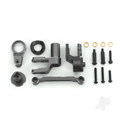 Steering bellcranks, drag link (Grey-anodised 6061-T6 aluminium) / bellcrank bushing (1) / 3x20mm BCS (with threadlock) (2) / 3x20mm BCS (with threadlock) (2) / 3x20mm shoulder screws (with threadlock) (2) / 3x15mm BCS (with threadlock) (1) / 3x15mm CS (with threadlock)