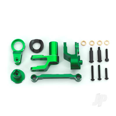 Steering bellcranks, drag link (Green-anodised 6061-T6 aluminium) / bellcrank bushing (1) / 3x20mm BCS (with threadlock) (2) / 3x20mm BCS (with threadlock) (2) / 3x20mm shoulder screws (with threadlock) (2) / 3x15mm BCS (with threadlock) (1) / 3x15mm CS (with threadlock)