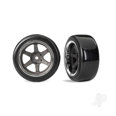 Wheels & Tyres, Assembled (six spoke Graphite Grey wheels w/Chrome rim, 1.9" Drift tyres (1 dot, hard, rough surfaces)) (wide, rear) (2)