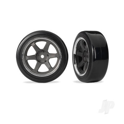 Wheels & Tyres, Assembled (six spoke Graphite Grey wheels w/Chrome rim, 1.9" Drift tyres (2 dots, soft, smooth surfaces)) (front) (2)