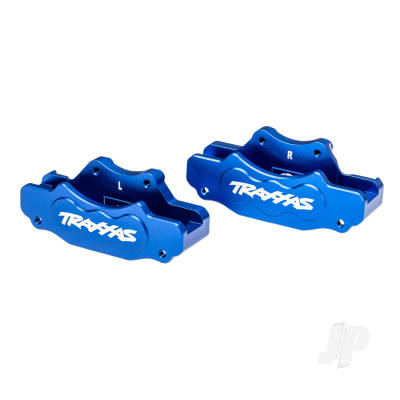 Brake calipers, front (left & right) (blue-anodised 6061-T6 aluminium), 3x10mm CS (with threadlock) (4), 2.5x8mm BCS (with threadlock) (4)