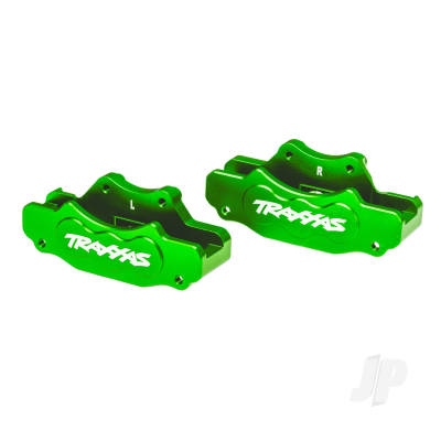 Brake calipers, front (left & right) (green-anodised 6061-T6 aluminium), 3x10mm CS (with threadlock) (4), 2.5x8mm BCS (with threadlock) (4)