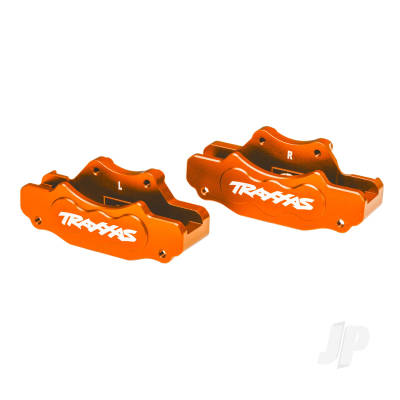 Brake calipers, front (left & right) (orange-anodised 6061-T6 aluminium), 3x10mm CS (with threadlock) (4), 2.5x8mm BCS (with threadlock) (4)