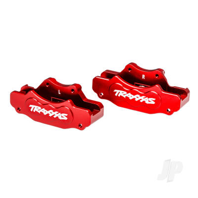 Brake calipers, front (left & right) (red-anodised 6061-T6 aluminium), 3x10mm CS (with threadlock) (4), 2.5x8mm BCS (with threadlock) (4)