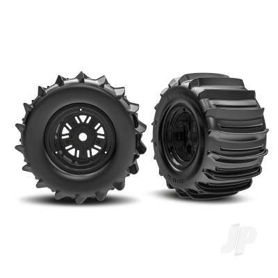 Wheels & Tyres, assembled, glued (Pro Scale Sand Car Race black wheels, belted paddle tyres, dual profile (3.6" outer, 4.7" inner), foam inserts) (rear) (1 left, 1 right)