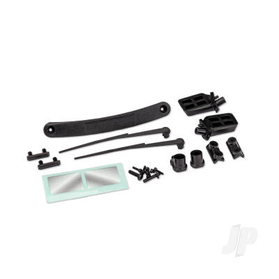 Replacement body trim pieces for the 11011-series TRX-4 Nissan Pathfinder body. Includes side mirrors, windshield wipers, door handles, 2.6x10 mm screws (2), and 1.6x6 mm screws (6).