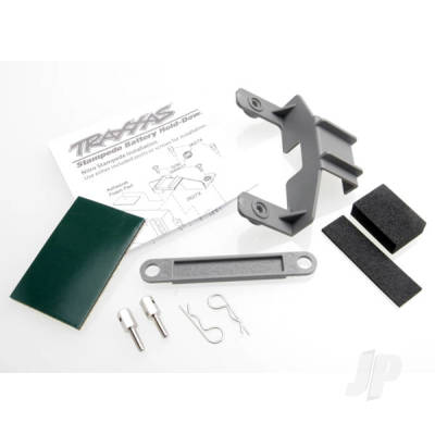 Battery hold-down (Grey) (1pc) / receiver hold-down (Grey) (1pc) / metal posts (2 pcs) / spacers (2 pcs) / Body clips (2 pcs) / servo tape / adhesive foam pad