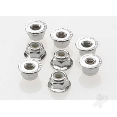 Nuts, 4mm flanged nylon locking (Steel, serrated) (8 pcs)