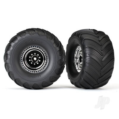 Wheels & Tyres, assembled, glued (Chrome wheels, Terra Groove dual profile Tyres, foam inserts) (nitro rear/ electric front) (2)