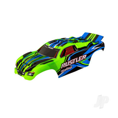 Body, Rustler (also fits Rustler VXL), Green (painted, decals applied) (assembled with front & rear body mounts for clipless mounting)