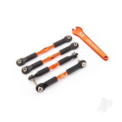 Turnbuckles, aluminium (Orange-anodised), camber links, front, 39mm (2), rear, 49mm (2) (assembled w/rod ends & hollow balls) / wrench