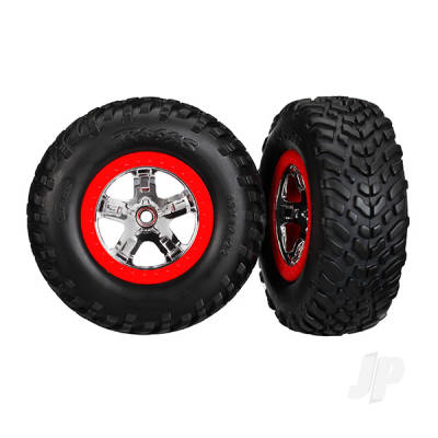 Wheels & Tyres, assembled, glued (SCT chrome wheels, red beadlock style, dual profile (2.2" outer, 3.0" inner), SCT off-road racing Tyres, foam inserts) (2) (2wd front)