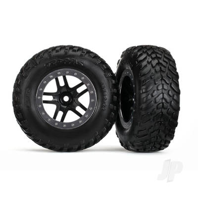Wheels & Tyres, assembled, glued (SCT Split-Spoke black, satin chrome beadlock style wheel, dual profile (2.2" outer, 3.0" inner), SCT off-road racing Tyres, foam inserts) (2) (4WD f/r, 2WD rear) (TSM rated)