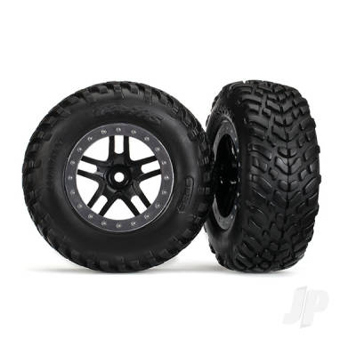 Wheels & Tyres, assembled, glued (SCT Split-Spoke black, satin chrome beadlock style wheels, dual profile (2.2" outer, 3.0" inner), SCT off-road racing Tyres, foam inserts) (2) (2WD front) (TSM rated)