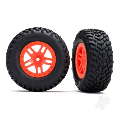 Wheels & Tyres, assembled, glued (SCT Split-Spoke orange wheels, SCT off-road racing Tyres, foam inserts) (2) (4WD f/r, 2WD rear) (TSM rated)