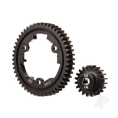 Spur gear, 50-tooth (machined hardened steel / wide-face), 20-T pinion (1.0 metric pitch) (fits 5mm shaft), set screw