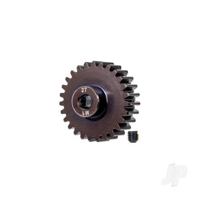 Gear, 27-T pinion (machined, hardened steel) (1.0 metric pitch) (fits 5mm shaft) / set screw