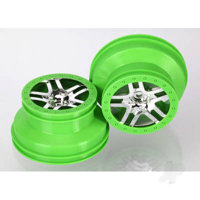 Wheels, SCT Split-Spoke, chrome, green beadlock style, dual profile (2.2" outer 3.0" inner) (4WD front/rear, 2WD rear) (2)