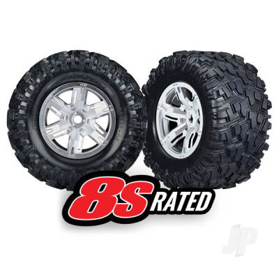 Wheels & Tyres, assembled, glued (X-Maxx Satin Chrome wheels, Maxx AT Tyres, foam inserts) (left & right) (2)