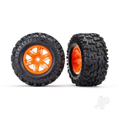 Wheels & Tyres, assembled, glued (X-Maxx Orange wheels, Maxx AT Tyres, foam inserts) (left & right) (2)