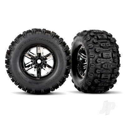 Wheels & Tyres, Assembled, Glued (X-Maxx Black Chrome wheels, Sledgehammer Tyres, foam inserts) (left & right) (2 pcs)