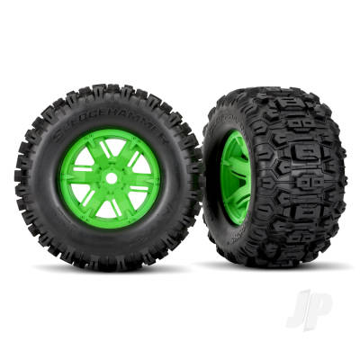 Wheels & Tyres, Assembled, Glued (X-Maxx Green wheels, Sledgehammer Tyres, foam inserts) (left & right) (2 pcs)