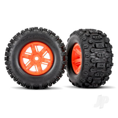 Wheels & Tyres, Assembled, Glued (X-Maxx Orange wheels, Sledgehammer Tyres, foam inserts) (left & right) (2 pcs)
