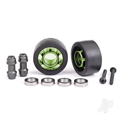 Wheels, wheelie bar, 6061-T6 aluminium (Red-anodised) (2) / axle, wheelie bar, 6061-T6 aluminium (2) / 10x15x4 ball bearings (4)