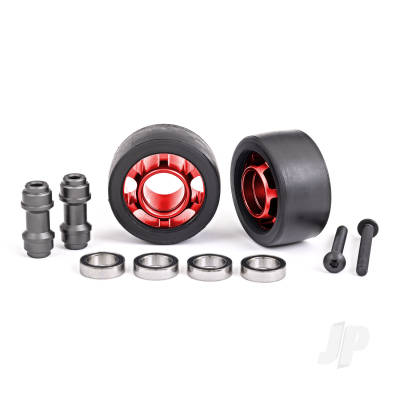 Wheels, wheelie bar, 6061-T6 aluminium (Red-anodised) (2)/ axle, wheelie bar, 6061-T6 aluminium (2) / 10x15x4 ball bearings (4)