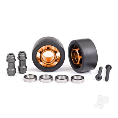 Wheels, wheelie bar, 6061-T6 aluminium (Orange-anodised) (2)/ axle, wheelie bar, 6061-T6 aluminium (2)/ 10x15x4 ball bearings (4)