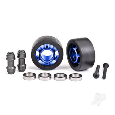 Wheels, wheelie bar, 6061-T6 aluminium (Blue-anodised) (2) / axle, wheelie bar, 6061-T6 aluminium (2) / 10x15x4 ball bearings (4)