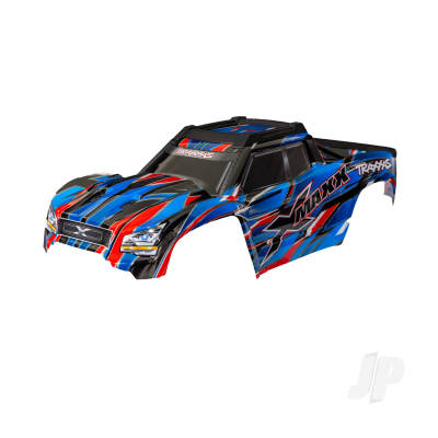 Body, X-Maxx, Blue (painted, decals applied) (assembled with front & rear body mounts, rear body support, and tailgate protector)