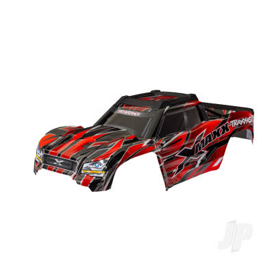 Body, X-Maxx, Red (painted, decals applied) (assembled with front & rear body mounts, rear body support, and tailgate protector)