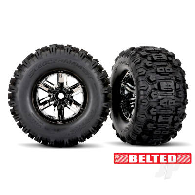Wheels & Tyres, Assembled, Glued (X-Maxx Black Chrome wheels, Sledgehammer belted tyres, dual profile (4.3in outer, 5.7in inner), foam inserts) (left & right)