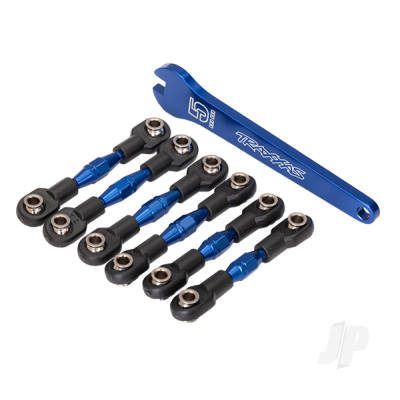 Turnbuckles, aluminium (Blue-anodised), camber links, 32mm (Front) (2 pcs) / camber links, 28mm (Rear) (2 pcs) / toe links, 34mm (2 pcs) / aluminium wrench