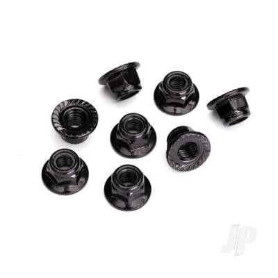 Nuts, 5mm flanged nylon locking (Steel, Black serrated) (8 pcs)